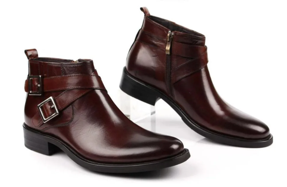 

men boots genuine leather double buckle black brown male ankle boots shoes 2018 autumn military combat booties cowboy shoes