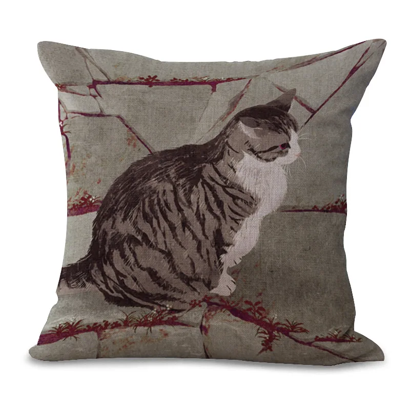

New Cat Painting Cushion Cover Cotton Linen Decorative Pillowcase Chair Seat Square 45x45cm Pillow Cover Home Living Textile