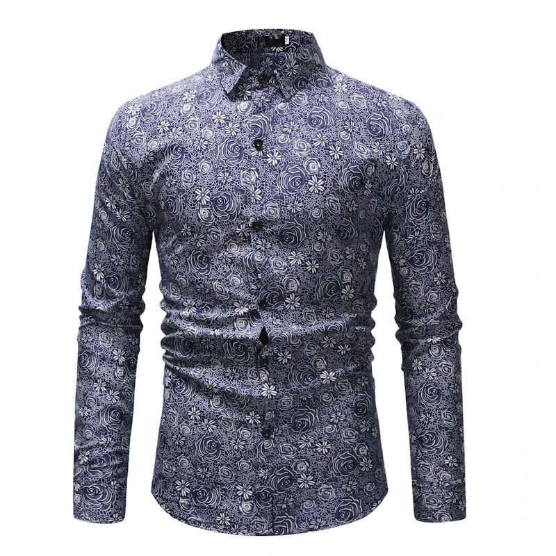 Fashion Men Personality Dark Floral Print Shirts Men's Casual Cotton Lapel Long-sleeved Slim for Male Spring Autumn | Мужская одежда