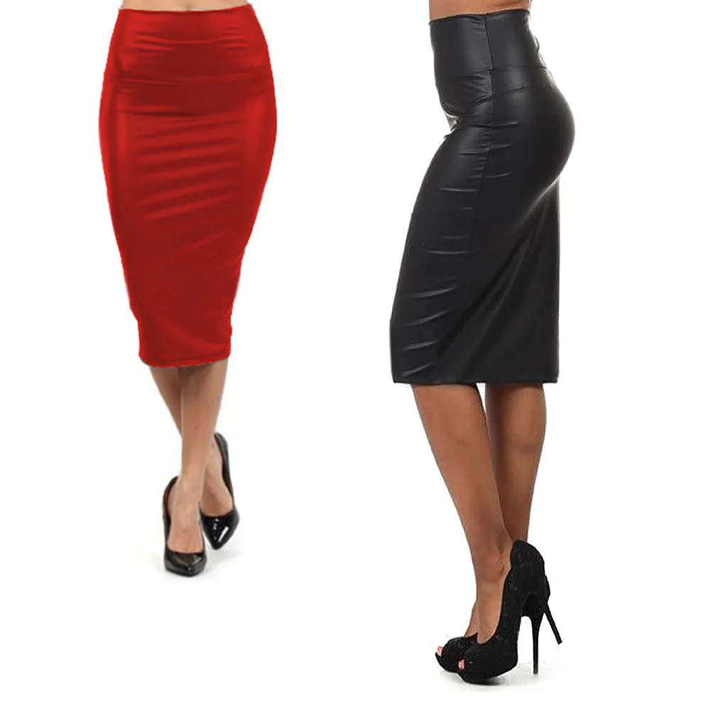 Женская облегающая юбка из ПУ кожи черная средней длины в стиле панк Осень зима