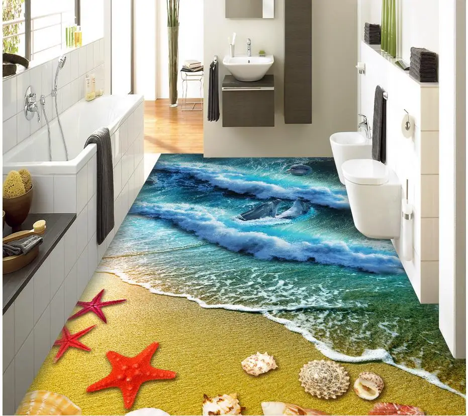 3d пол живопись обои пляж песок Морская звезда ракушки дельфины 3D Пол Живопись ПВХ