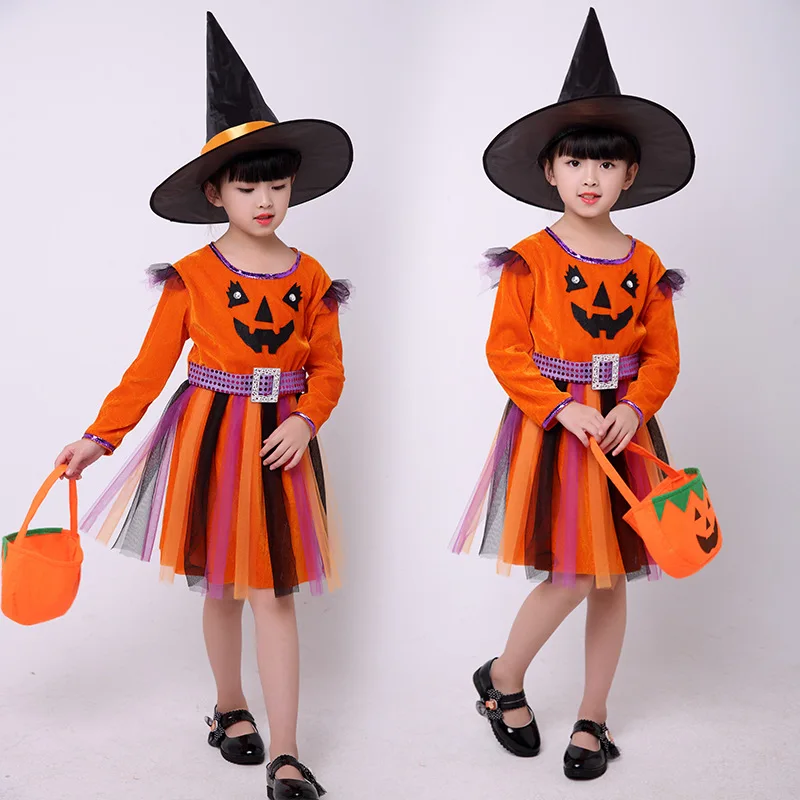 Girl witch Cosplay costume Party children kids girls Halloween party dress pumpkin | Тематическая одежда и униформа