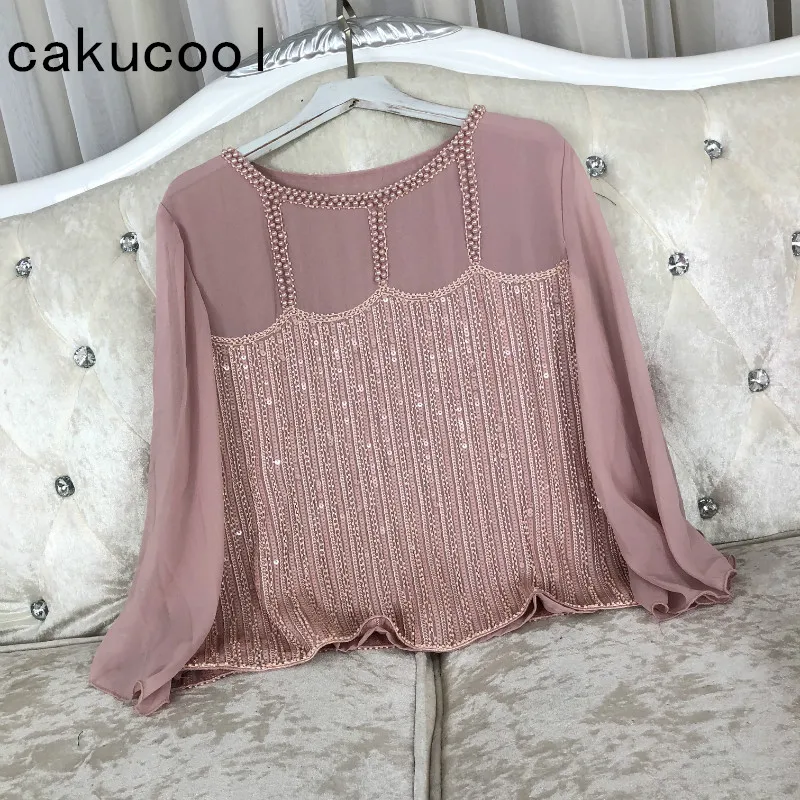 Cakucool Women Spring Chiffon Blouse Long Flare Sleeve Beading Embroid Blusas Slim All-match Sequins Bling Blouses Shirts Lady