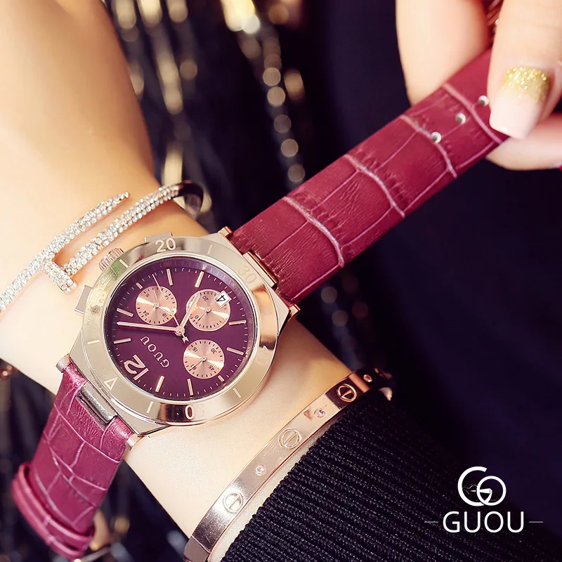 Женские Кварцевые Часы GUOU модные повседневные часы из натуральной кожи с 3