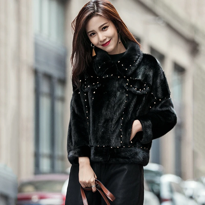 Женская импортная шуба из натурального меха норки с заклепками 2019|Шубы и