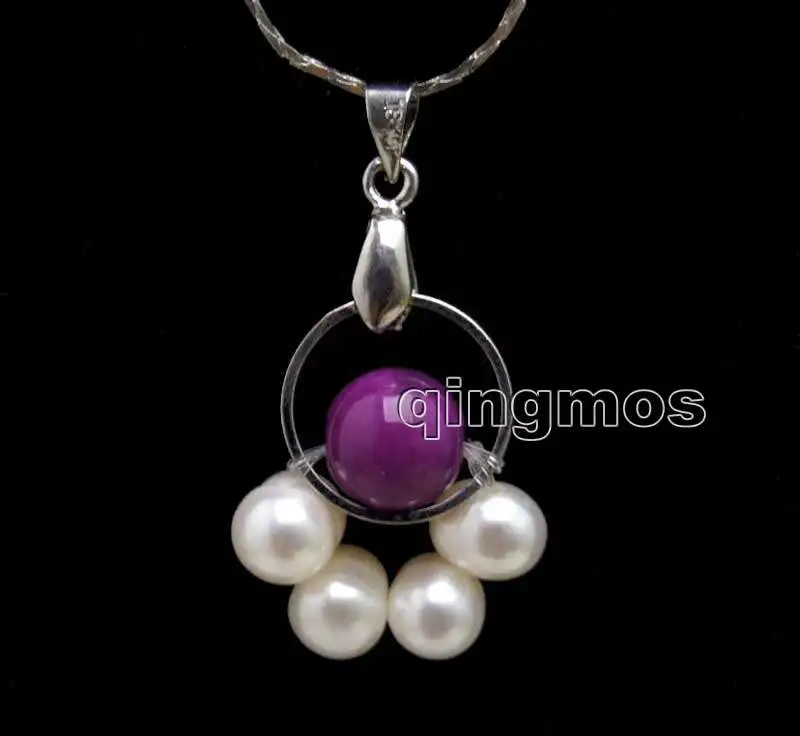6-7mm white Natural pearl and 8mm Sugilite with 14mm metal Round Free silver plate cord 17&quot necklace-6402 | Украшения и