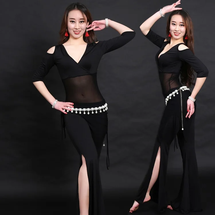 Черный Костюмы для танца живота из молочного шелка Профессиональный Bellydance топ и брюки для восточных женщин тренировочная одежда для племенных выступлений DNV10564 - Цвет: Черный