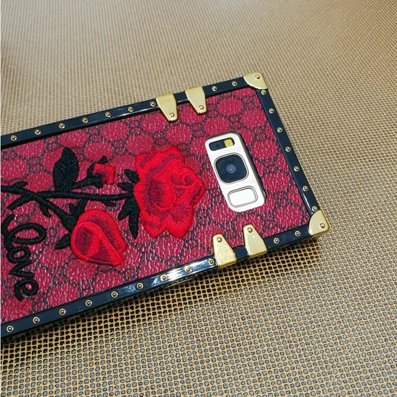 Luxury Embroidery 3D Rose Flower Phone Case For Samsung Galaxy S9 S8 Plus Note 9 Plating border Metal Rivet Square Back Cover |