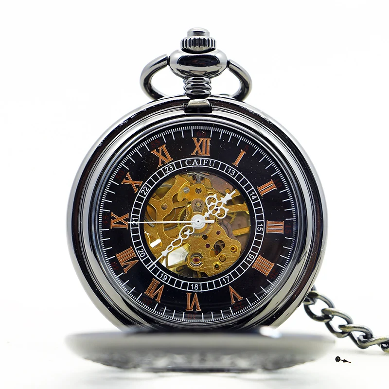 Deluxe Pet Fish Embossed Mechanical Pocket Watch Black Retro Steampunk Manual Chain Necklace Pendant Accessory Clock Gift