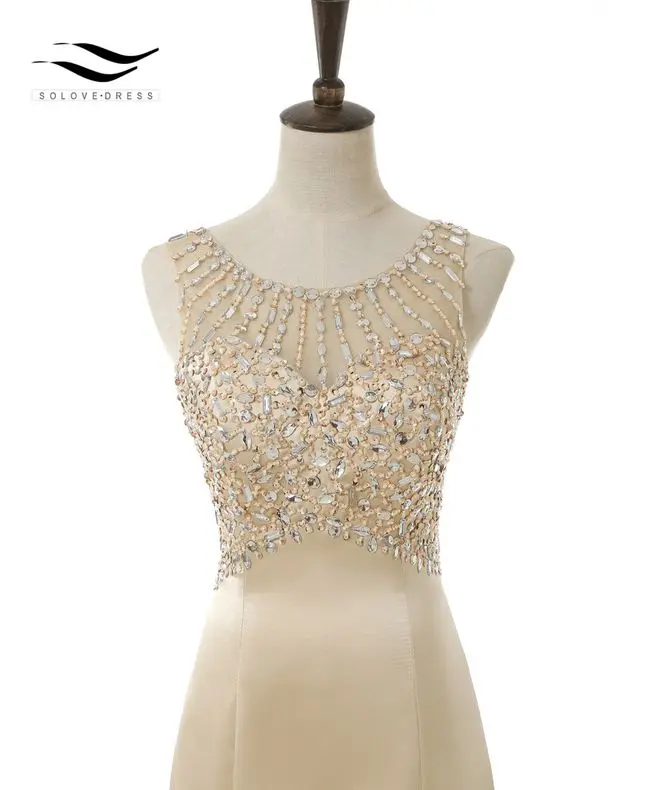 SOLOVEDRESS Элегантный Совок матовый сатин настоящая фотография блестящие бусины Русалка длинное вечернее платье U Назад Формальное золотистое платье SLD-E5005