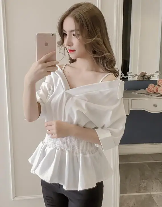 short sleeve white Сексуальные топы, хит, женский дизайн, Осенний топ на тонких бретелях с открытыми плечами, Топ с длинным рукавом, топ с баской, черная, белая, милая рубашка, блузки, 7127 - Цвет: short sleeve white