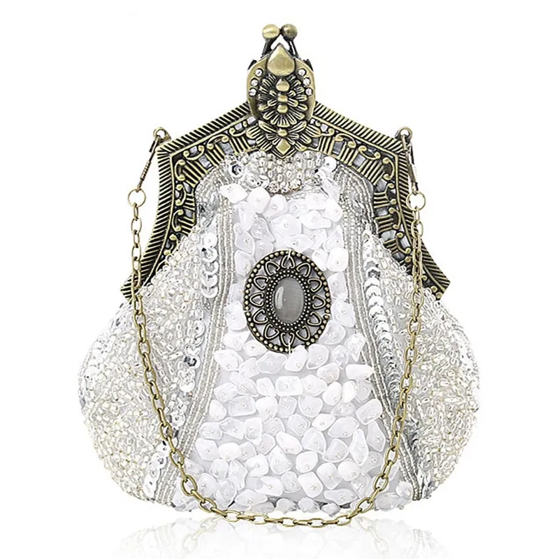Серебристый New Vintage Women Evening Luxury Handbags Wedding Bead Clutch Purse Bags for Women Bridal Party Shoulder Bag - Цвет: Серебристый