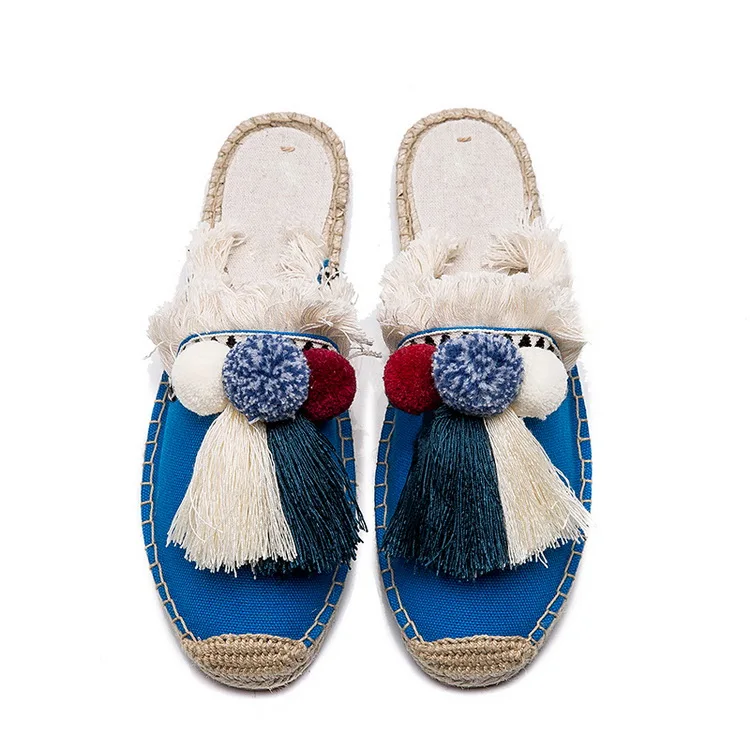 Blue Pompom Mule Insta уличные Стиль Шлёпанцы обувь, женские эспадрильи летние сандалии с помпонами в Для женщин Красочные Ленточки пляжные босоножки на каблуках для женщин - Цвет: Blue Pompom Mule