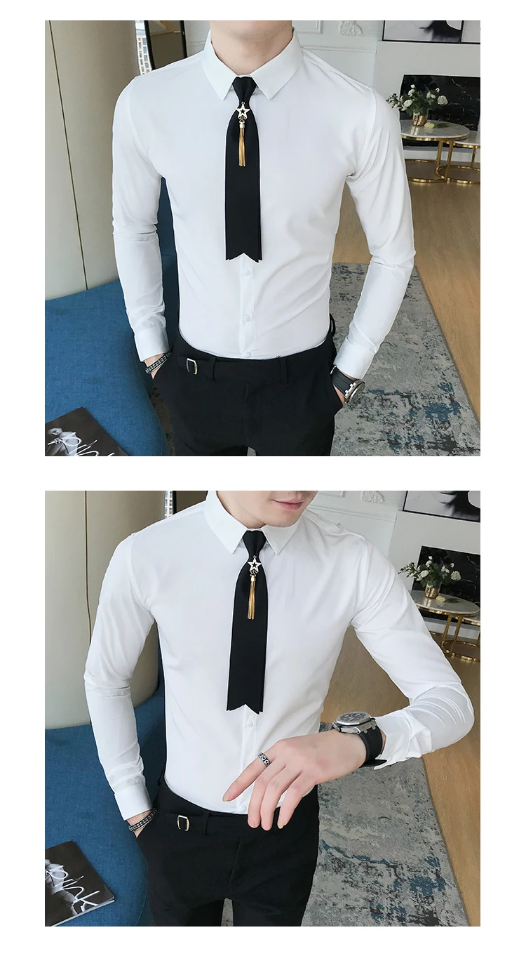 Одежда высшего качества парикмахер рубашка Для мужчин Осень Slim Fit рубашки для Для мужчин одежда с длинным рукавом сплошной Универсальные мужские рубашки