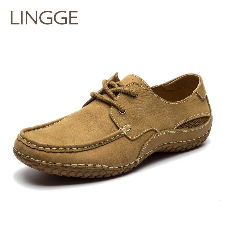 LINGGE Brand Men'S Shoes Big Size 100% Genuiner Leather Lace-Up Rubber Non-Flip Handmade Shoe Vintage | Обувь