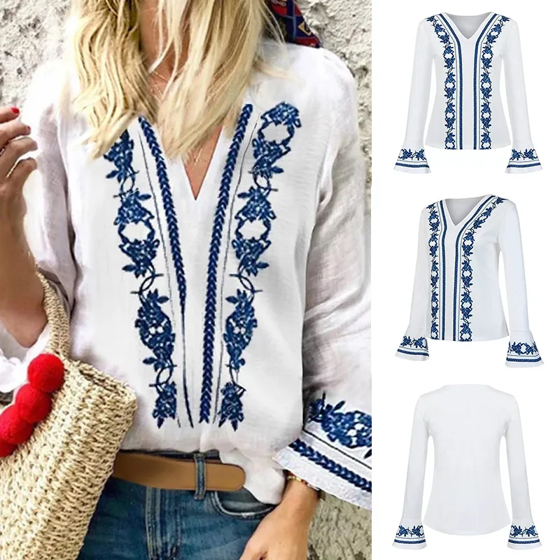 Белые женские топы с длинными рукавами рубашки v-образным вырезом длинный