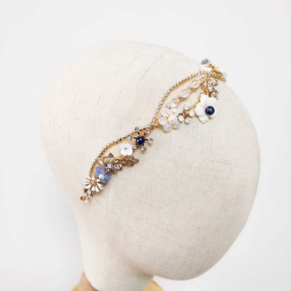 Blue Flower Bridal Headband Handmade Crystal Wedding Headpiece Prom Hair Jewelry