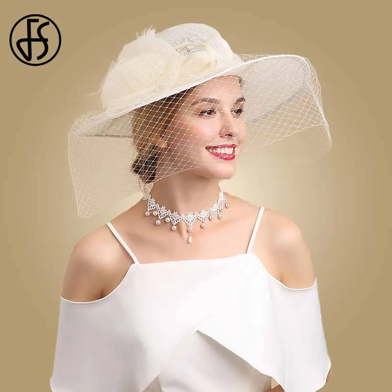 Beige White Fedora FS Бежевые Белые винтажные шляпы с вуалью Sinamay дамские Кентукки Дерби черная шляпа свадебные с широкими полями Fedora цветочные церковные вечерние шляпы - Цвет: Beige White Fedora