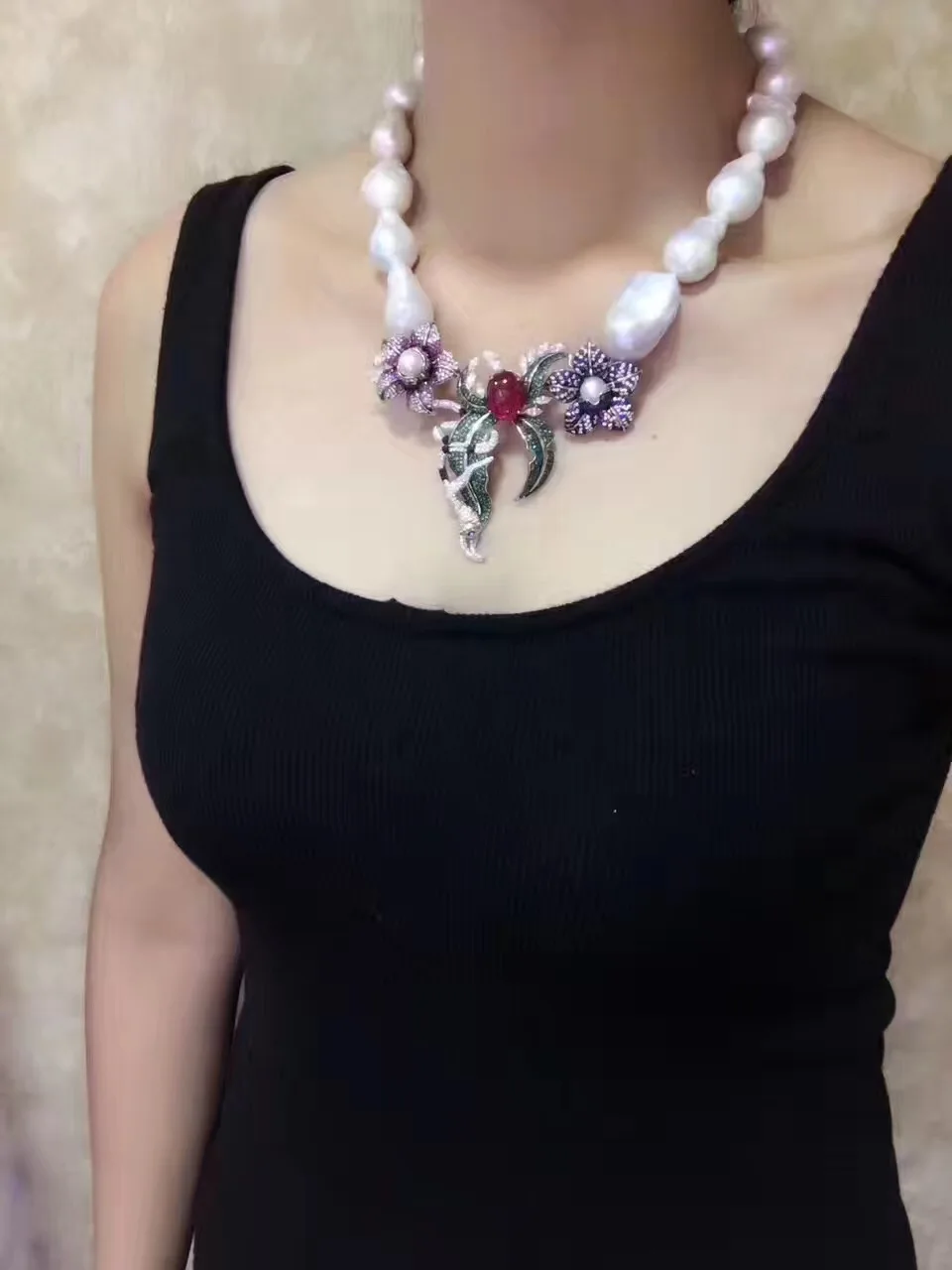 ?? ファインジュエリー天然ビッグパールチョーカーネックレス925スターリングシルバーの花や動物ネックレス16インチ受け入れる注文任意レンス