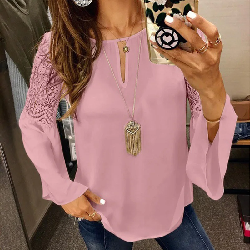 pink Офисная Женская кружевная шифоновая рубашка, плюс размер 5XL, расклешенная белая женская блузка с длинным рукавом и О-образным вырезом,, летние женские Рубашки, Топы - Цвет: pink