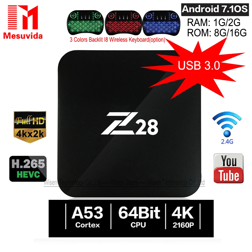 Android 7.1 TV Box Rockchip Z28 RK3328 64bit Cortex A53 1 ГБ/8 ГБ (2 ГБ/16 Г) Телеприставки Поддержка H.264 265 4 К USB