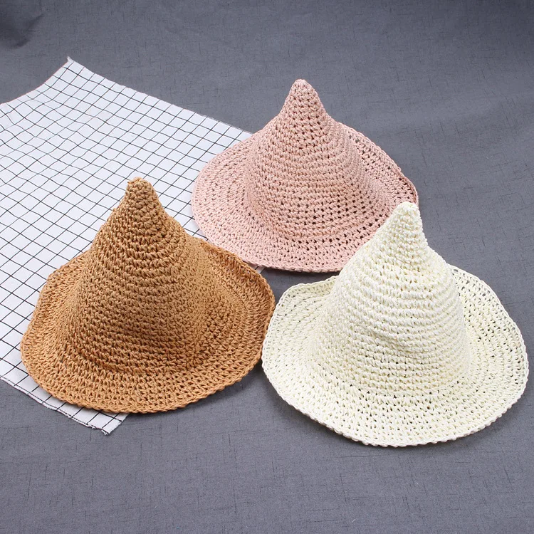 XINGMING Children Solid Straw cap knitting fisherman hat girls fashion witch pointed basin bucket accessories | Аксессуары для