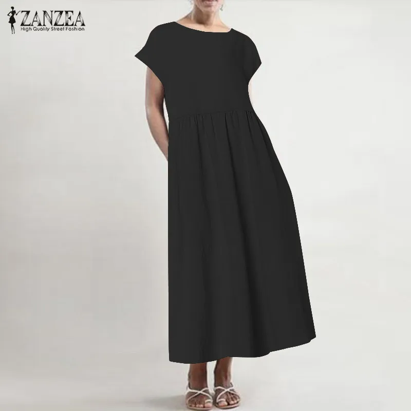 Short Sleeve Black Женский льняной сарафан ZANZEA размера плюс летнее платье миди Повседневная рубашка с коротким рукавом с высокой талией плиссированное платье Femme - Цвет: Short Sleeve Black