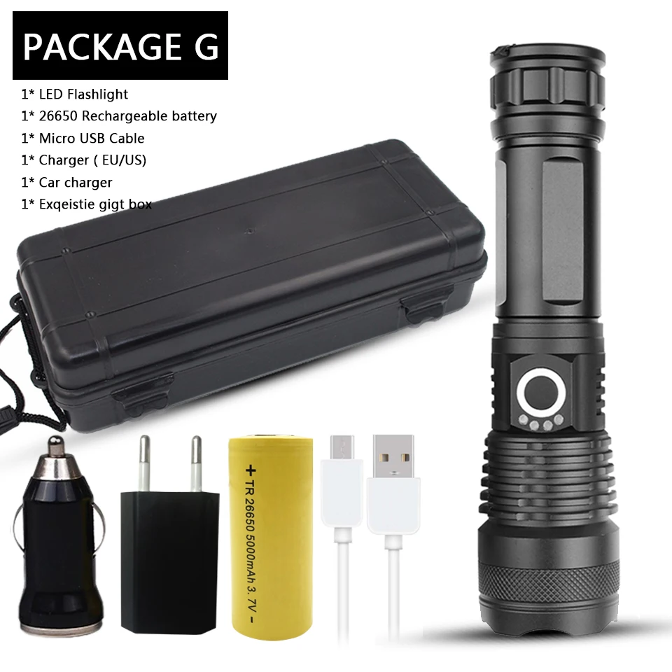 Package G Светодиодный фонарик cree xhp50, зарядка через usb, растягивающийся, ударопрочный, мощный, 18650 или 26650, перезаряжаемый фонарик - Испускаемый цвет: Package G