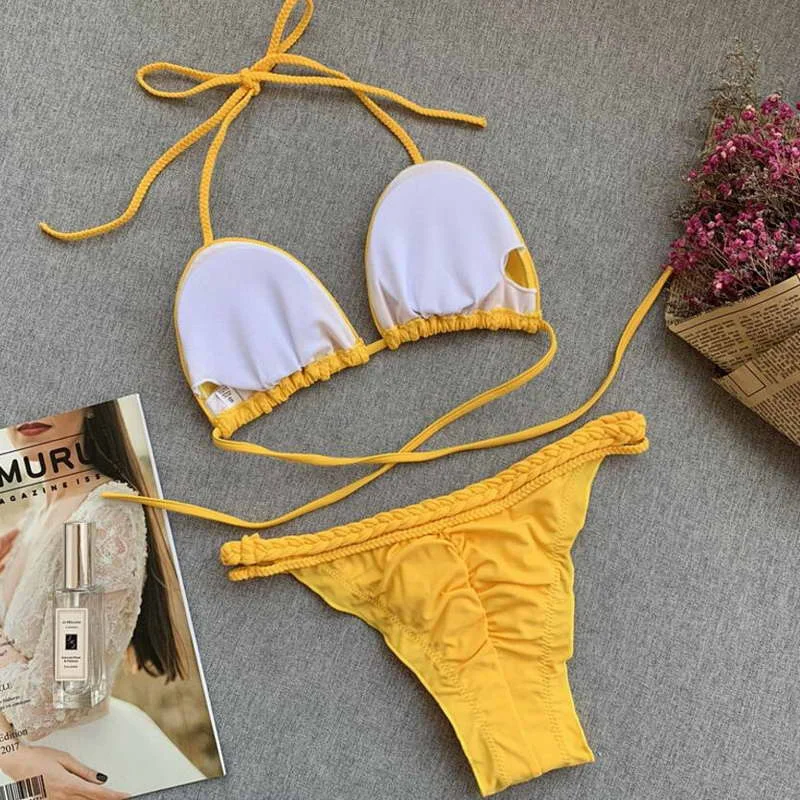 2019 High Quality Braided swimwear Two Piece Solid Color Thong Sexy Women Swimsuit |