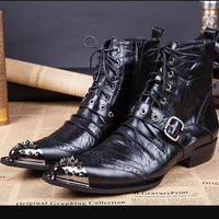italian western botas masculina steel toe shoes male rivets belt combat military ankle boots men black genuine leather chelsea