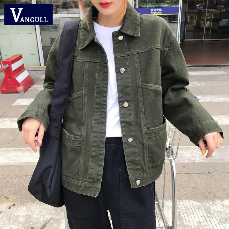 Vangull женские джинсовые куртки бойфренда армейский зеленый Весенняя уличная одежда однотонные джинсовые куртки женские джинсовые куртки пальто Верхняя одежда