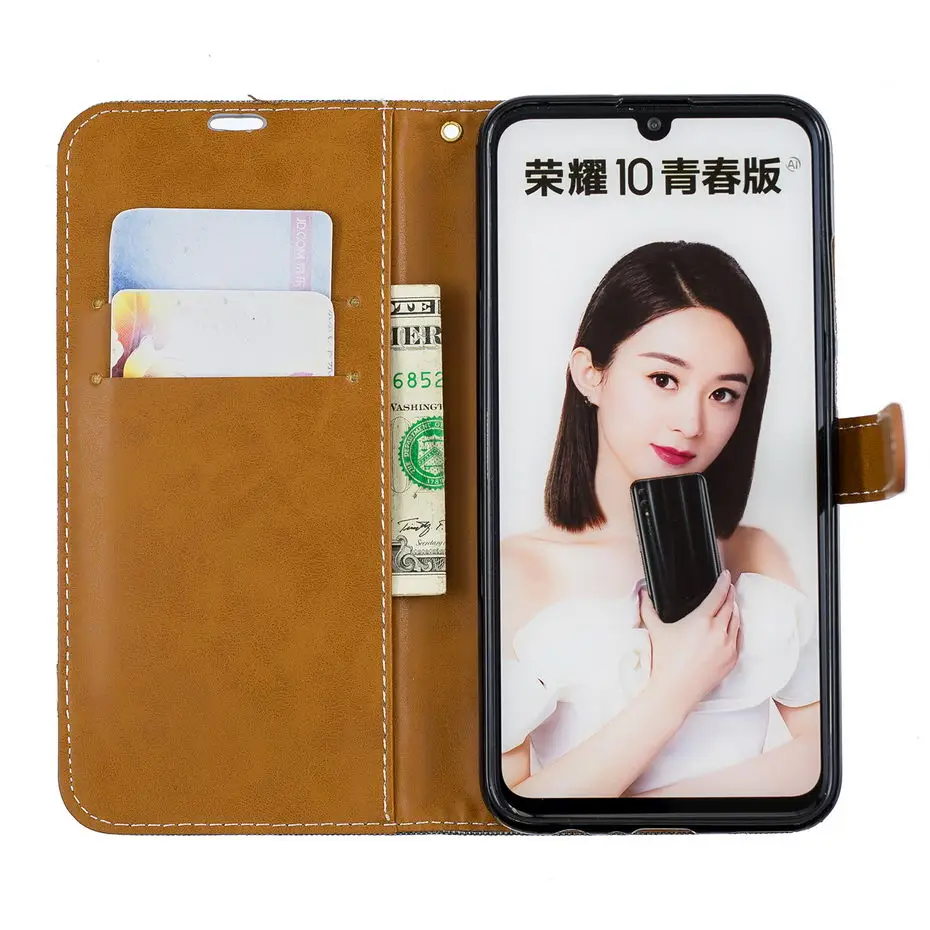 Для huawei P SMART 2019 чехол из джинсовой ткани смешанных цветов кожаный флип кошелек