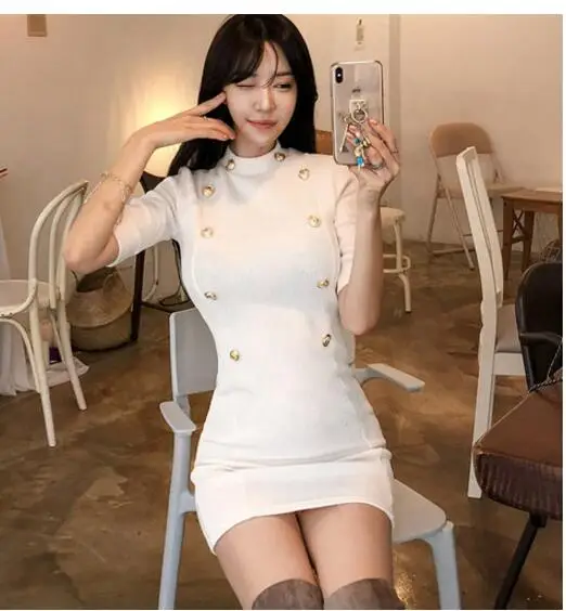 White Temperament Lady Dresses Women Spring Design Sexy Bandage Sheath Mini White Knitted Double Button Tunic Sweater Dress 170D - Цвет: White