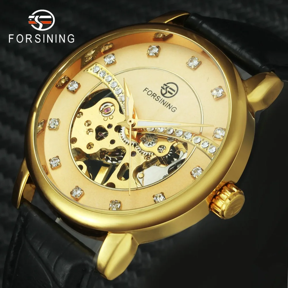 FORSINING Золотой Скелет механические часы мужские черные кожаный ремешок кристалл