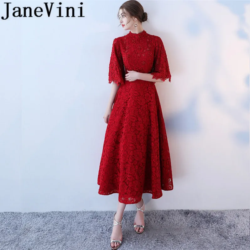 Платье JaneVini 2018 бордовое кружевное винтажное длинное платье подружки невесты с