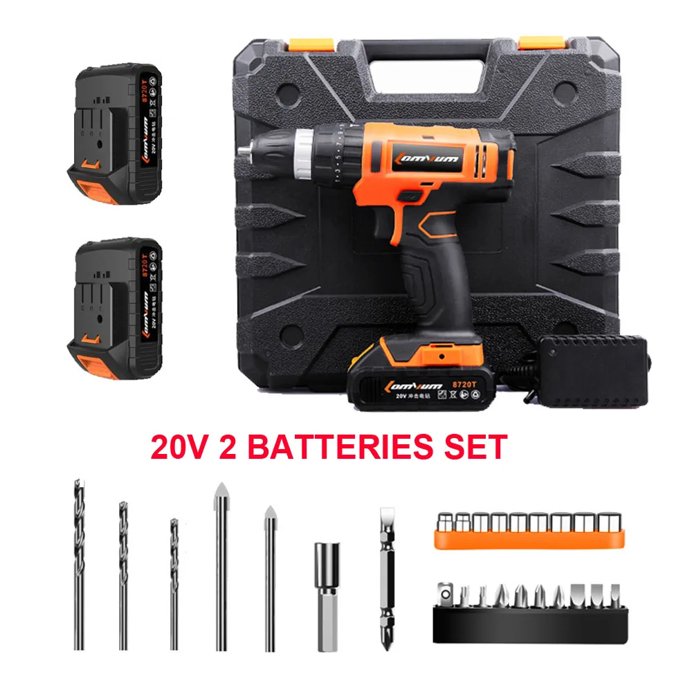 

Electric Cordless Drill With 2 Lithium Batteries Rechargeable Screwdrivers Impact Hand Power Home Woodworking Tools Set 20V
