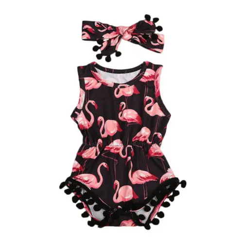 

Toddler Baby Girl Sleeveless Bodysuit Hairband 2pcs Jumpsuit Outfits Flamingo Sunsuit Size 0-24M