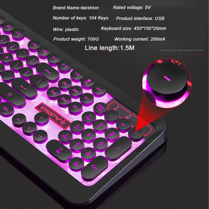 

Russian Keyboard Backlit Retro Round Glowing Gaming Ducky Keyboard red blue purple Change Color USB Wired for Desktop Laptop