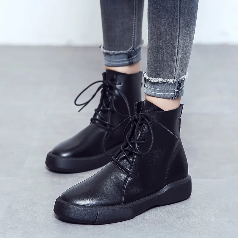 

2019 Autumn Women Boots Leather Flat Work Boots Middle Tube Female Casual Shoes Martin Boots Winter Warm Fleece Boots for Women