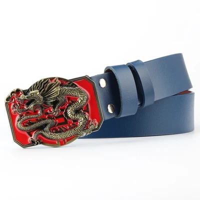 Red buckle Blue Модный мужской ремень с рисунком дракона из натуральной кожи с пряжкой в виде дракона, мужской пояс из воловьей кожи - Цвет: Red buckle Blue