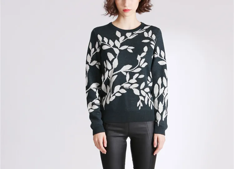 new arrival wool knit women fashion print pullover sweater Oneck dark green 2colors M/86-L/90
