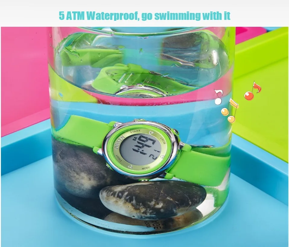 Модные брендовые Детские наручные часы OHSEN с цифровым ЖК-дисплеем для мальчиков, милый зеленый резиновый ремешок, 50 м, водонепроницаемые часы для плавания и дайвинга, детские наручные часы с будильником, подарок