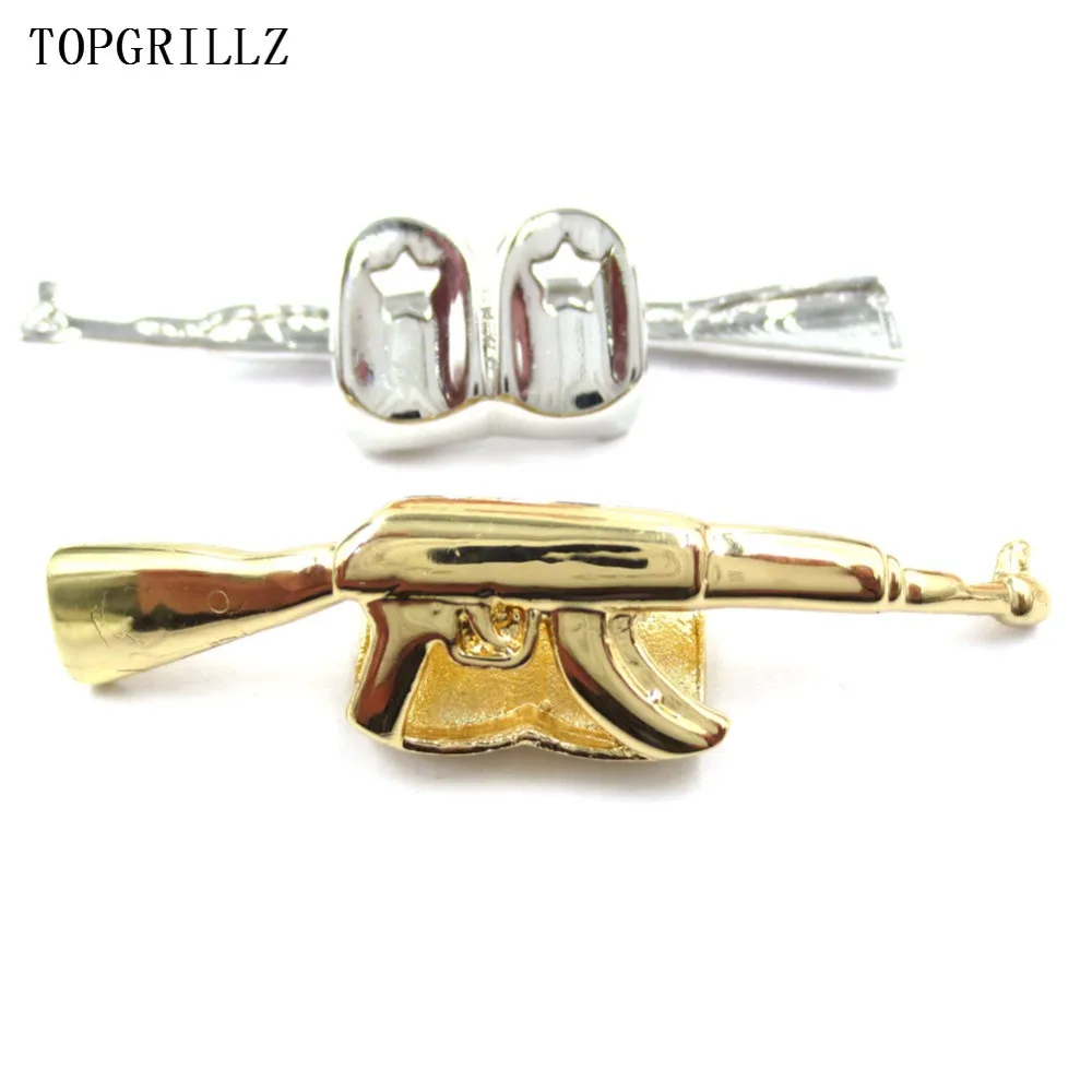 TOPGRILLZ пользовательский подходят чистого золота Цвет покрытием хип хоп ak 47 винтовка Grillz кепки Топ грили АК золото Grillz