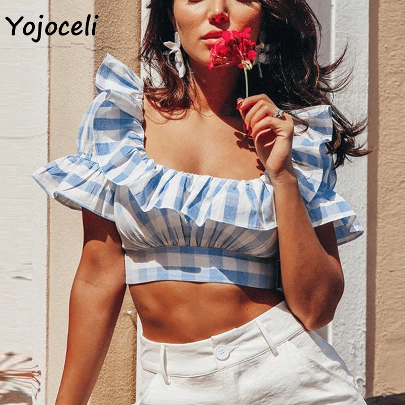 Yojoceli Лето 2019 г. плед рюшами блузки для малышек рубашка уличная Обрезанные