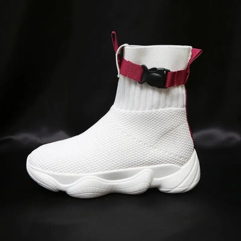 Женские кроссовки с высоким берцем белые вязаные вулканизированной подошвой