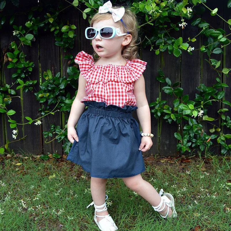 Костюм для маленьких девочек летний топ в клетку с воротником виде листьев