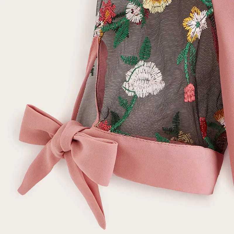 Dotfashion плюс контрастная сетчатая Цветочная вышитая блузка Лето Boho узел Женские топы и блузки женские топы с коротким рукавом