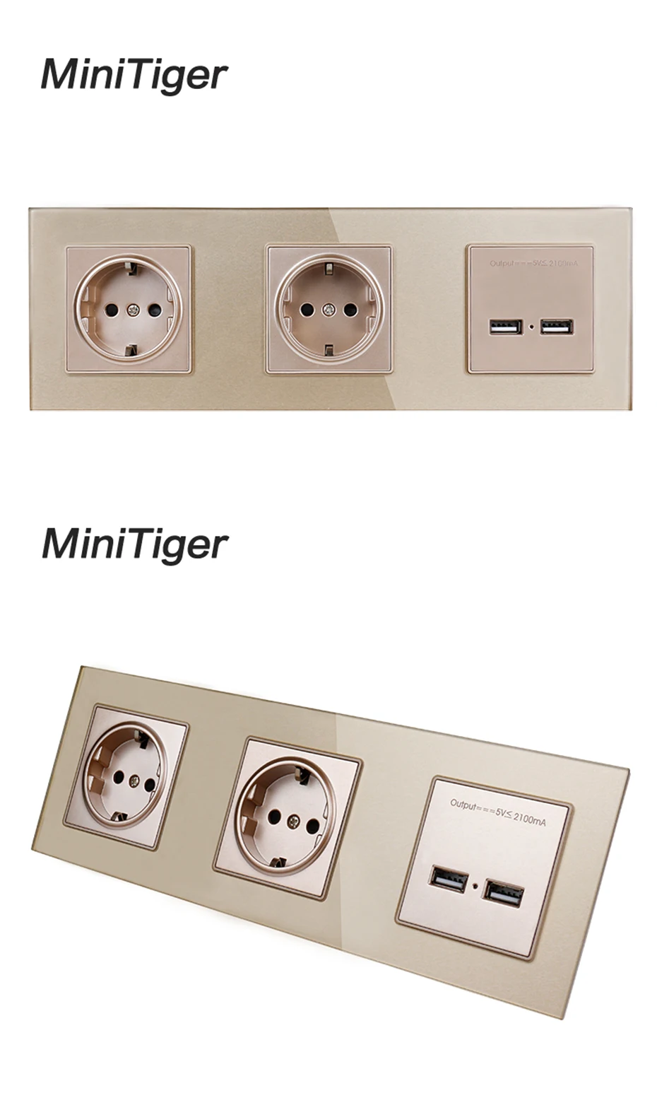 Настенная Хрустальная стеклянная панель Minitiger, двойная розетка 16А, европейская электрическая розетка, двойной USB, умный зарядный порт, 5 В, 2 А, выход, белый цвет