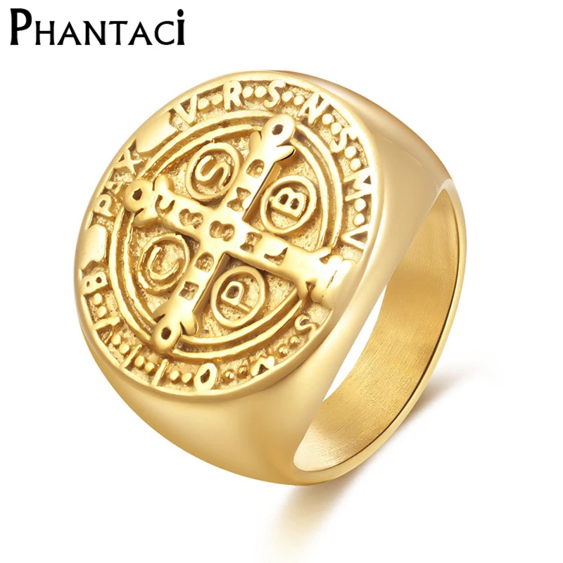 Мужское Винтажное кольцо Phantaci золотистое из нержавеющей стали 316L с большим