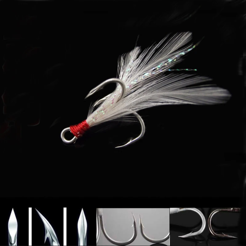 50 шт./лот рыболовные крючки тройной с пером для рыба приманка крючком высокое